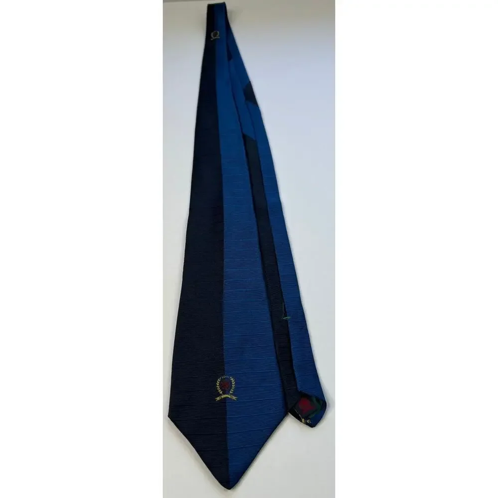 Tommy Hilfiger Silk Necktie Blue Black Colorblock Crest Logo USA Mens Tie